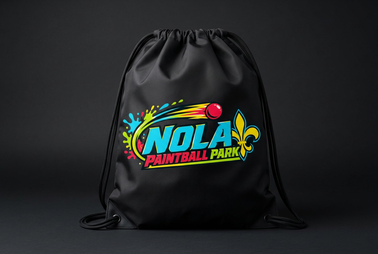 Black drawstring sport bag with the NOLA Paintball Park logo