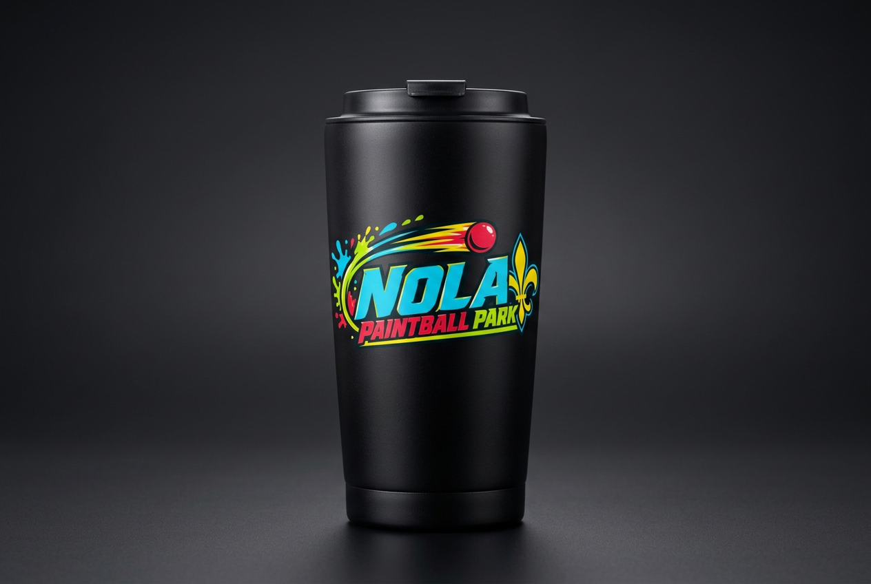 Black insulated tumbler cup with the NOLA Paintball Park logo