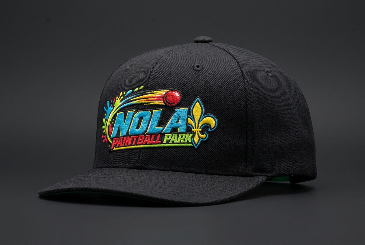 Black snapback hat embroidered with the NOLA paintball crest