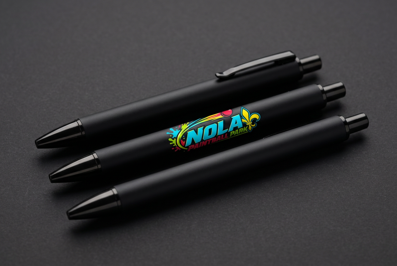 Set of three black pens printed with the NOLA Paintball Park logo