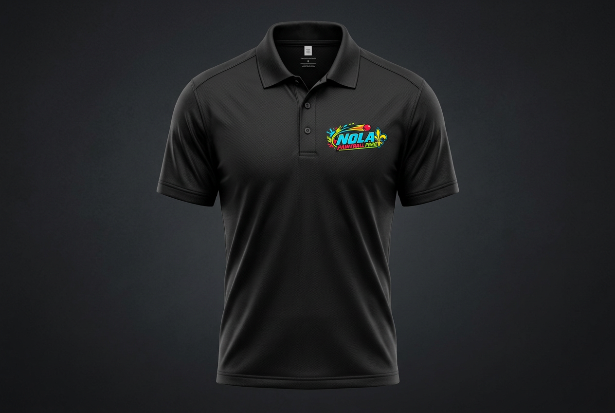 Black performance polo shirt with the NOLA Paintball Park logo on the chest