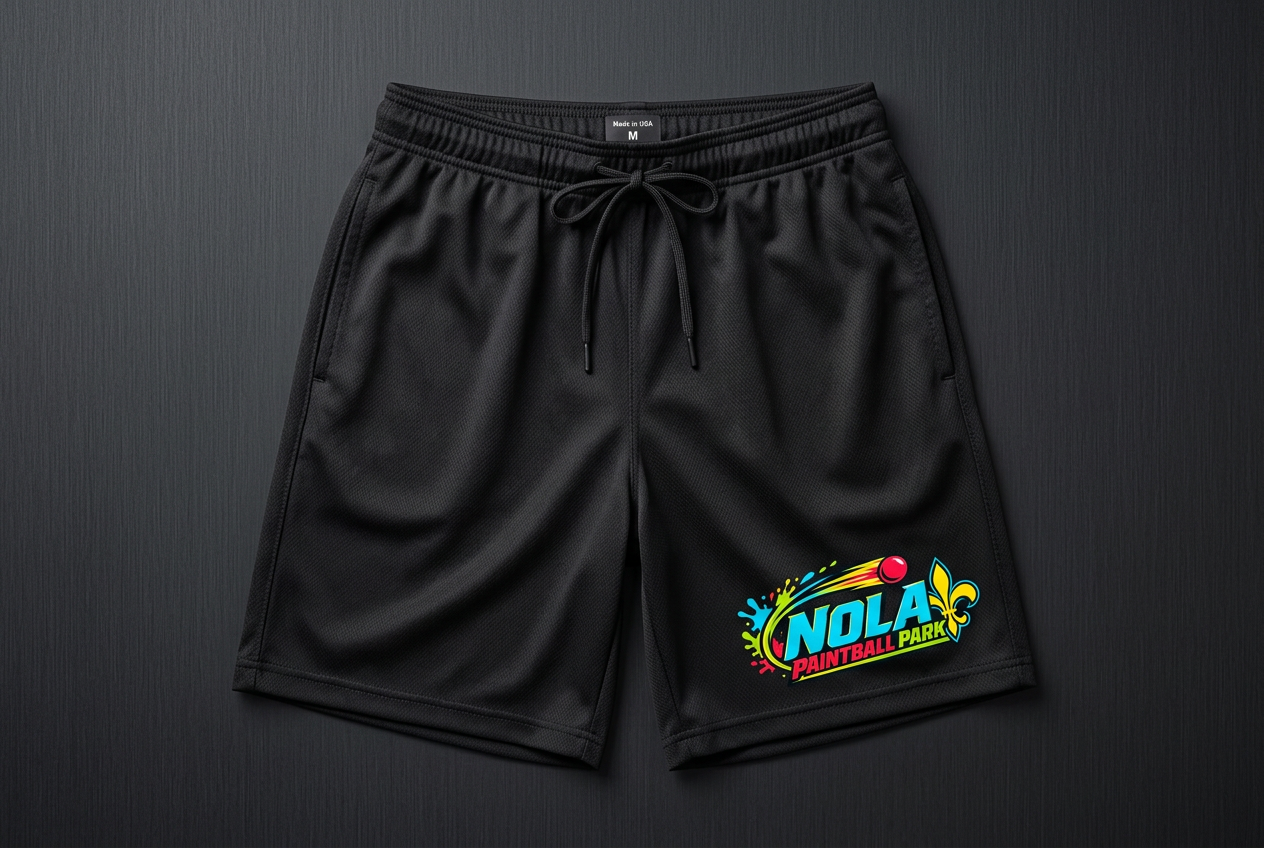 Black athletic shorts with the NOLA Paintball Park logo on the leg