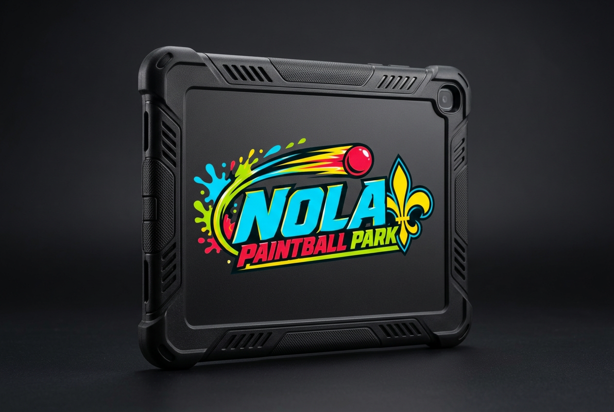 Black rugged tablet case printed with the NOLA Paintball Park logo