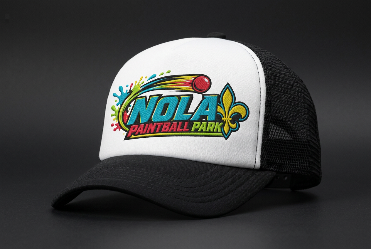 White and black mesh trucker hat with the NOLA Paintball Park logo