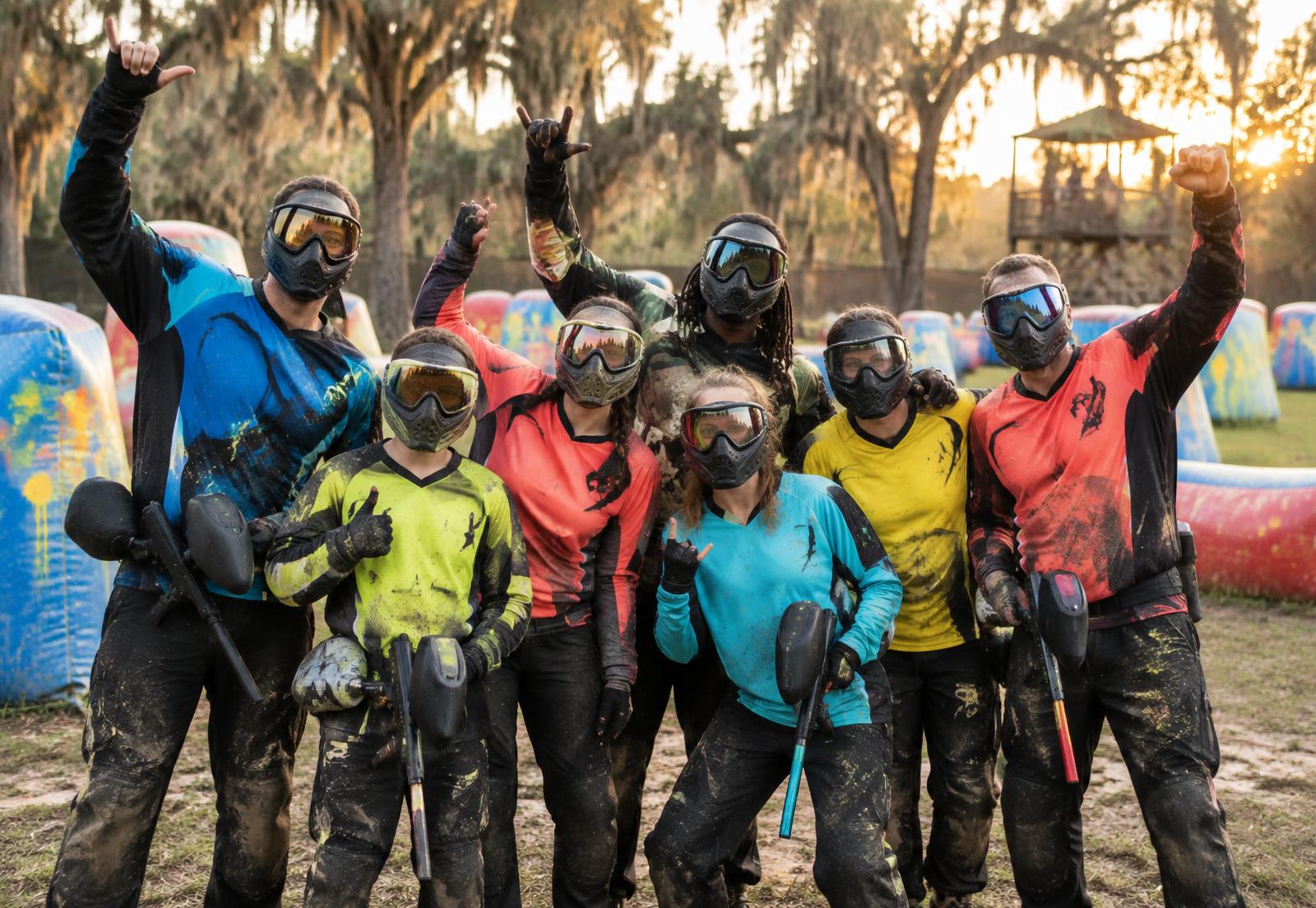 A paintball group celebrating together after a game